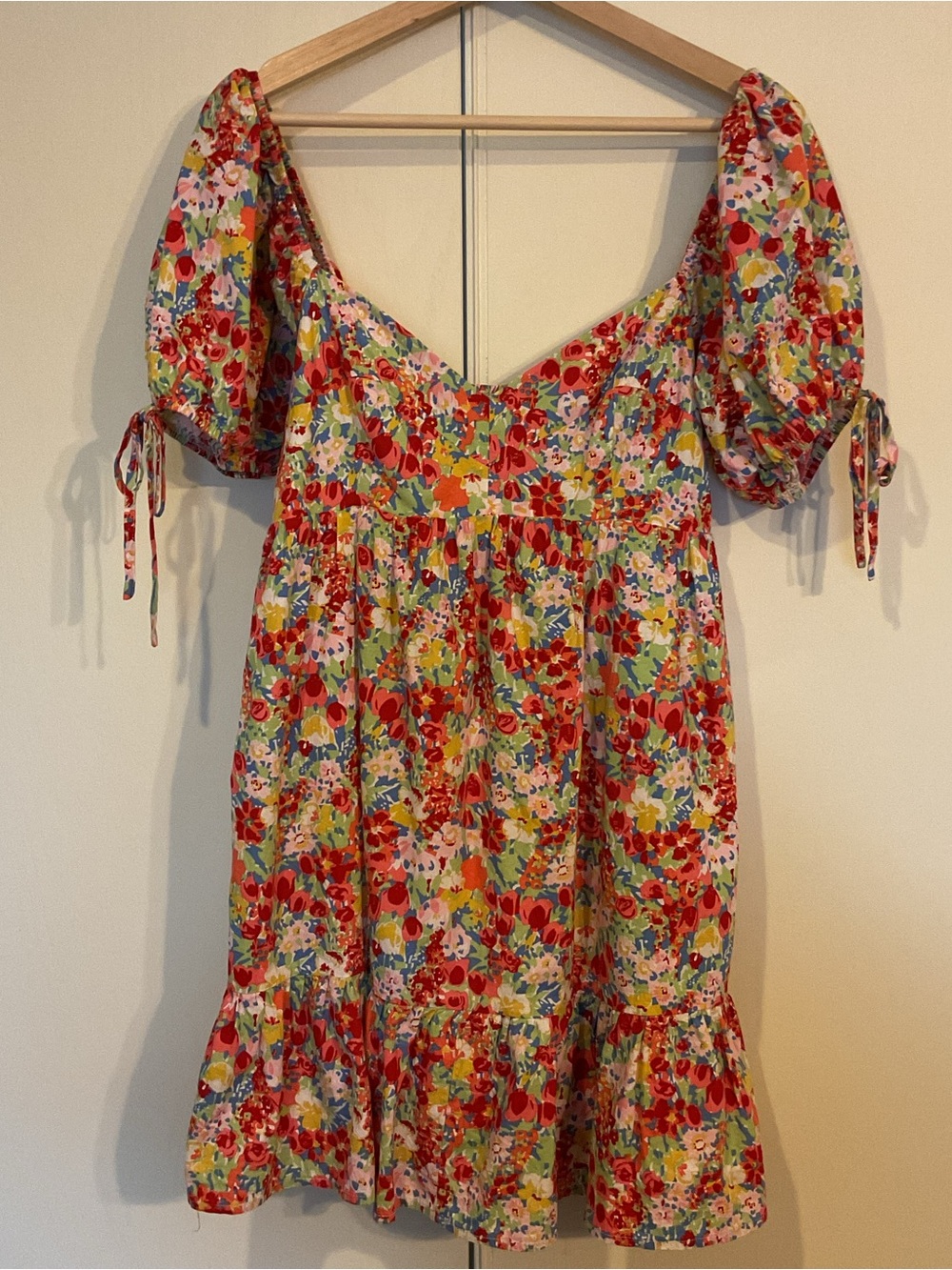 & Merci Floral Coquette Romantic Babydoll Puff Sleeve Colorful Mini Dress Size L